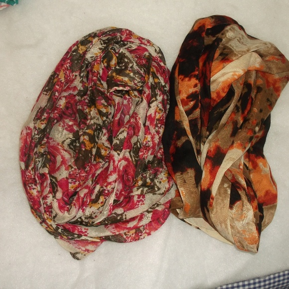 Unbranded Accessories - 2 Infinity Gauze Scarves Floral Brown Red Orange